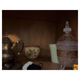 Collection of Cat Figurines, Silver Plated Tea Set, and Crystal Covered Jar