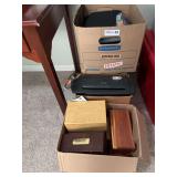 Boxes Of Office Supplies, Paper Shredder &  Wood Memory Boxes