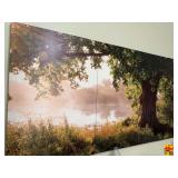 Large 3-Panel Landscape Wall Art Of  Solitary Oak Tree Standing Beside A Misty Lake At Sunrise