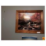 Framed Nature Landscape Print of Waterfall and Cabin