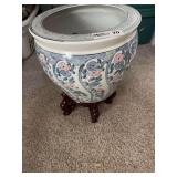 Ceramic Fish Bowl Planter With Floral Pattern and Wood Stand