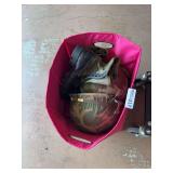 Military Surplus Lot With Helmets and Boots in Bin