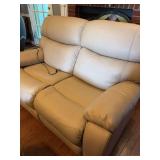 Beige Leather Power Reclining Sofa With Integrated Control Panel