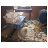 Lot of Household Items Including Glassware, Storage Basket, Paw Patrol Game, and Blue Sleeping Bag