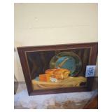 Framed Still Life Painting of Bread, Cheese, and Plate