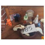 Mixed Lot of Ceramic Figurines, Glass Clock, and Decoratives