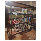 Metal Storage Shelving Unit with Assorted Household Goods and Cleaning Supplies