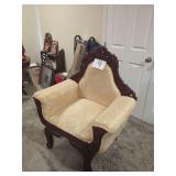 Vintage Ornately Carved Armchair With Cream Damask Upholstery