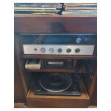 Magnavox Stereo With Turntable and Receiver In Console Cabinet With Classic Vinyl Albums
