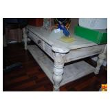 Distressed White Coffee Table with Lower Shelf and Carved Details