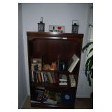 Wooden Bookcase with Assorted Books, Decor, and Electronics Lot