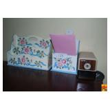 Office Accessory Lot Including Boston Electric Pencil Sharpener and Painted Wooden Desk Organizers