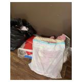 Lot of Bedding and Linens in Storage Bags and Trash Bag