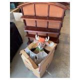 Ceramic Deer Figurine Dressed as Hunter with Camouflage Vest and Orange Hat, Plus Two Wooden Shelving Units