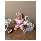 Assorted Collectibles Lot Including Porcelain Horse Figurine, Musical Carousel, and Doll