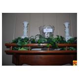 Wooden Wall Shelf with Glass Vase and Candlestick Holders