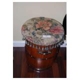 Wooden Barrel Stool with Storage and Floral Upholstered Seat