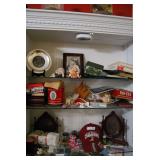 Assorted Display Shelf Collection Including Prince Albert Tobacco Tin, King Edward Cigar Boxes, Anniversary Plate, and Figurines