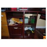 Office Desk Compartment Contents Including Calculator, Metal Boxes, and Dusters