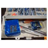 Plano Cantilever Tool Box Filled with Assorted Hardware, Drill Bits, and Hand Tools