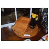 Amber Glass Pitcher with Yellow Lid and Wooden Organizer Box