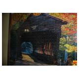 Framed Completed Jigsaw Puzzle Depicting Covered Bridge in Autumn