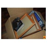 Box Lot of Assorted Picture Frames and Folding Chair