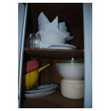 Kitchen Cabinet Contents Lot with Dinnerware and Storage Containers