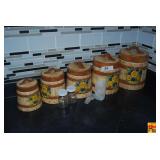 Ceramic Barrel Canister Set with Floral Motif and Accessories