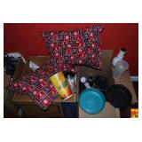 Box Lot with Alabama Crimson Tide Pillows, Cast Iron Skillet, Cups, and Assorted Household Goods