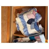 Assorted Handmade Quilted Blankets and Linens in Wooden Chest