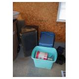 Assorted Collectibles in Storage Tub Including Metal Container and Glassware
