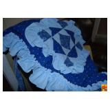 Blue Quilted Bedding Set with Ruffled Trim and Patchwork Design