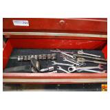 Red Metal Toolbox with Assorted Hand Tools and Sockets