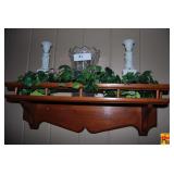 Wooden Wall Shelf with Glass Vase and Candlestick Holders