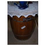 Wooden Barrel Style Storage Side Table with Metal Bands and Handles