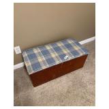 Wooden Storage Chest with Upholstered Blue Plaid Lid
