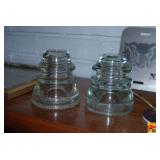 Lot of 2 Glass Insulators, Cut Glass Decanter with Butterfly Stopper, and University Football Championship Metal Novelty Plates