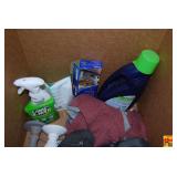 Box Lot with Footwear, Household Cleaners, and Miscellaneous Items