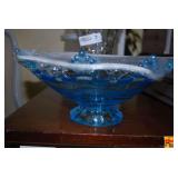 Lot of Two Glass Decor Items: Blue Footed Bowl and Cut Glass Vase