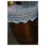 Wooden Barrel Style Storage Side Table with Metal Bands and Handles