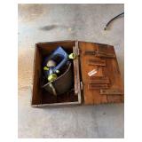 Wooden Box with Mixed Lot Including Helmet, Power Tool, and Sprayer