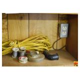 Lot of Shop Supplies and Hardware including Paint Thinner, Extension Cord, Bungee Cords, and Solder