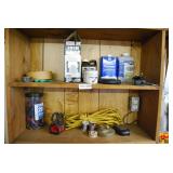 Lot of Shop Supplies and Hardware including Paint Thinner, Extension Cord, Bungee Cords, and Solder
