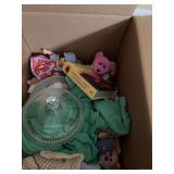 Assorted Box Lot of Collectibles, Glassware, Plush Toys, and Linens