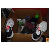 Box Lot with Footwear, Household Cleaners, and Miscellaneous Items