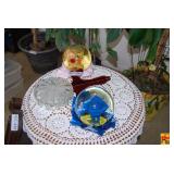 Assorted Decorative Glass Items Including Blue Rose Paperweight and Figural Globe