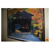 Framed Completed Jigsaw Puzzle Depicting Covered Bridge in Autumn