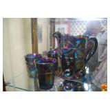 Carnival Glass Water Pitcher and Tumbler Set with Angel Figurine