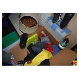 Assorted Box Lot with Puma Shoes, Clothing, Toys, and Lamp Shade